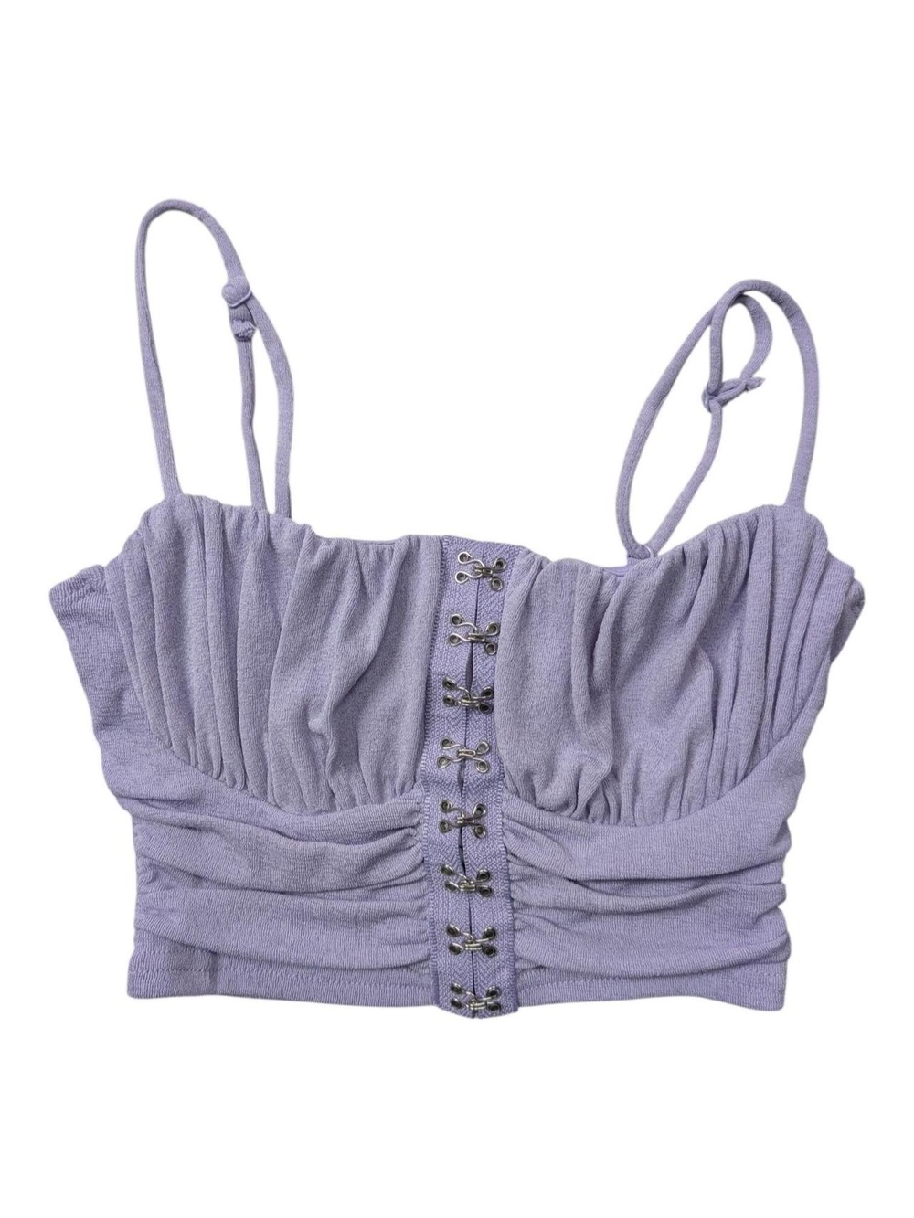 purple frilly femme faux clasp front crop top